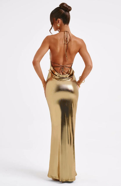 Sleeveless Backless Maxi Dress Women's Shiny Spaghetti Strap Bodycon Maxi Dresses Sexy Glitter Metallic Prom Dress/Formal Wear Dresses
