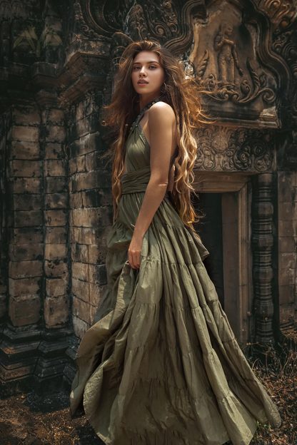 Sage Green Bridesmaid A-line Elegant Backless Floor Length Sleeveless Dress Prom Party Dress