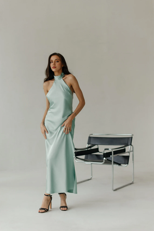 Sage Green Satin Halter Mermaid Sleeveless Ankle Length Ruffle Prom Party Dress