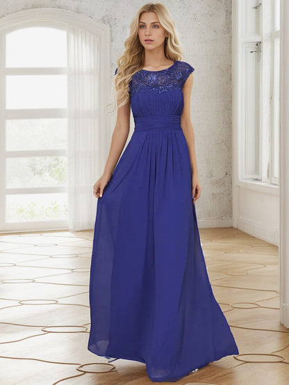 Classic Maxi Long Lace Cap Sleeve Bridesmaid Dress