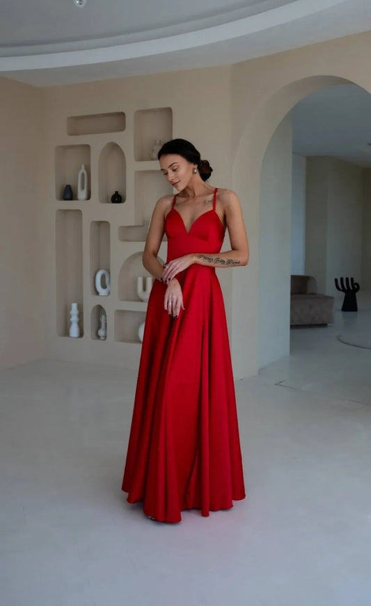 Satin A-Line Spaghetti Straps Sleeveless Floor Length Prom Dress With Slit
