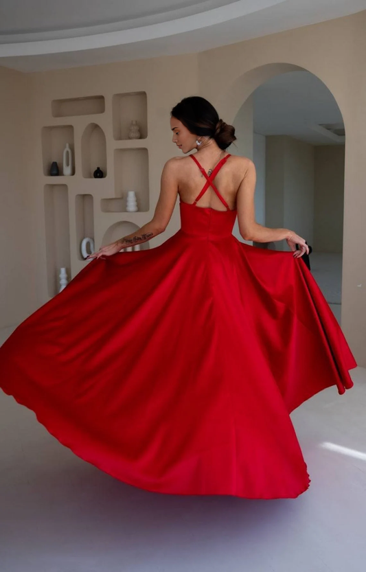 Satin A-Line Spaghetti Straps Sleeveless Floor Length Prom Dress With Slit