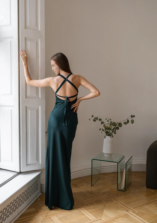 Satin A-line Mermaid Backless Off Shoulder Spaghetti Straps Sleeveless Prom Party Dress With Slit