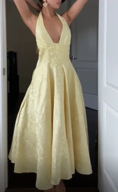 Dresses Formal Deep V Neck Halter Yellow Satin A Line Prom Dress Long Evening Dress Stores With Prom Dresses