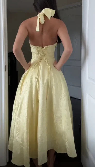 Dresses Formal Deep V Neck Halter Yellow Satin A Line Prom Dress Long Evening Dress Stores With Prom Dresses