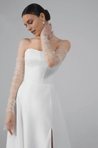 Satin A Line Wedding Dress Minimalist Modern Wedding Dress Off-the-shoulder With Slit Bride Dress