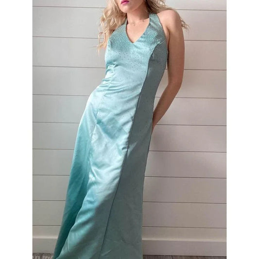 Dress Prom Dress Stores Vintage Beading Halter Satin Blue Evening Party Dress Dresses Formal