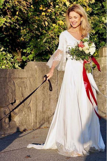 Formal Women's Dresses A-Line V-Neck V Back 3/4 Sleeves Satin Boho Wedding Dress with Lace Prom Dresses Stores