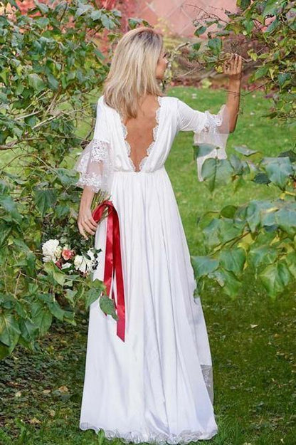 Formal Women's Dresses A-Line V-Neck V Back 3/4 Sleeves Satin Boho Wedding Dress with Lace Prom Dresses Stores
