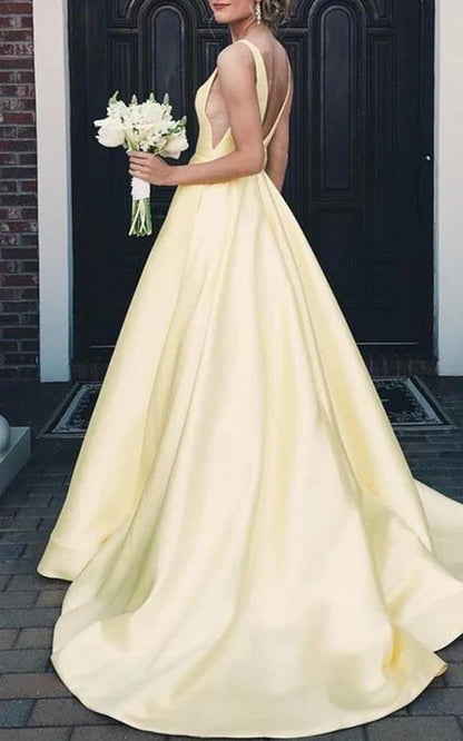 Satin Floor-length Court Train A Line Sleeveless Solid Formal Dress with Ruffles Prom Dress/Dress For Formal