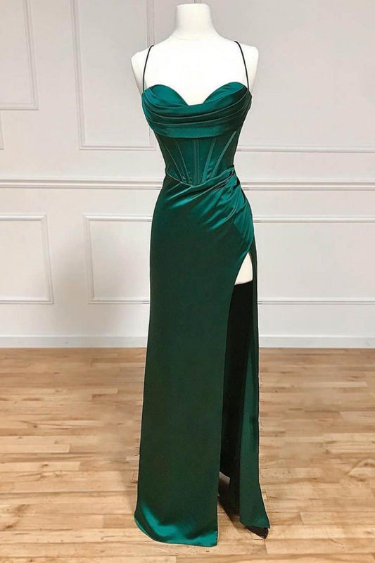 Satin Mermaid Spaghetti Straps Lace Up Dark Green Long Prom Dress With Split