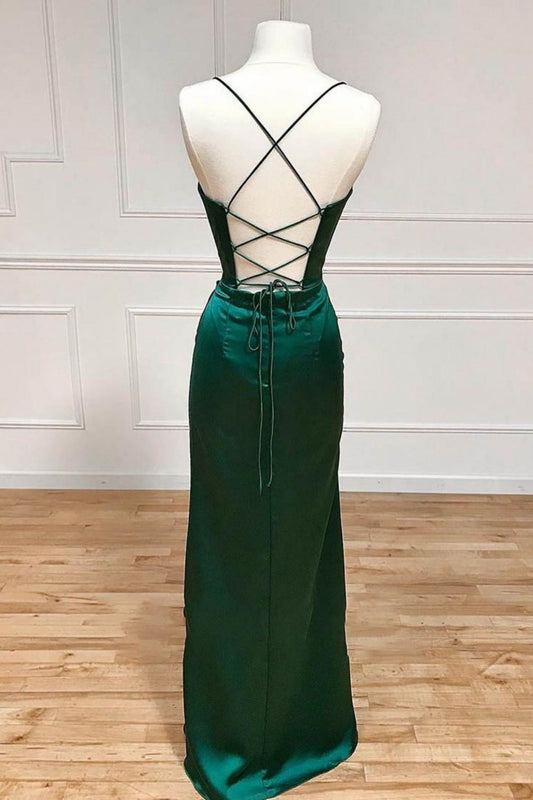 Satin Mermaid Spaghetti Straps Lace Up Dark Green Long Prom Dress With Split