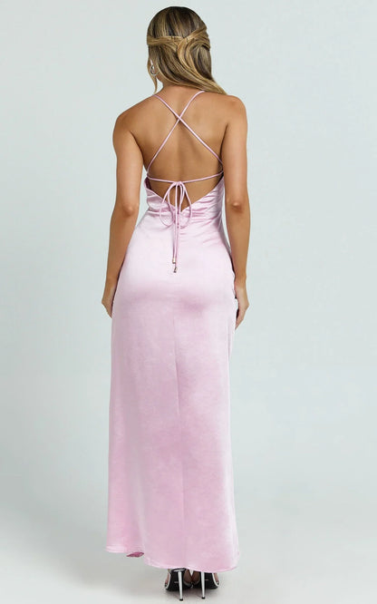 Satin Mermaid Trumpet V Neck Elegant Ruched Bust Tie Back Prom Dress Ankle-Length Sleeveless Formal Evening Gown Hot Sale Bridesmaid Dresses for Women