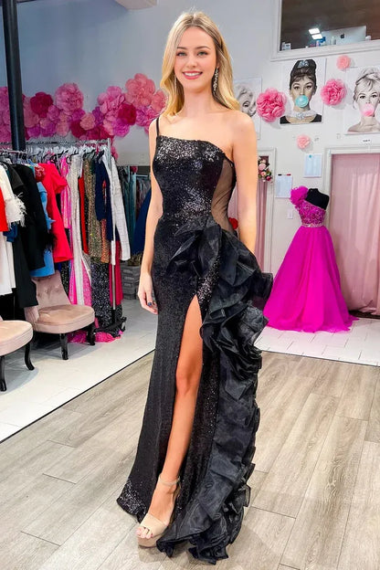 Sequin Mesh One-Shoulder Ruffle Long Prom Dresses With Hight Slit