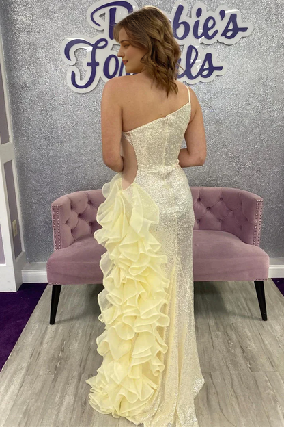 Sequin Mesh One-Shoulder Ruffle Long Prom Dresses With Hight Slit