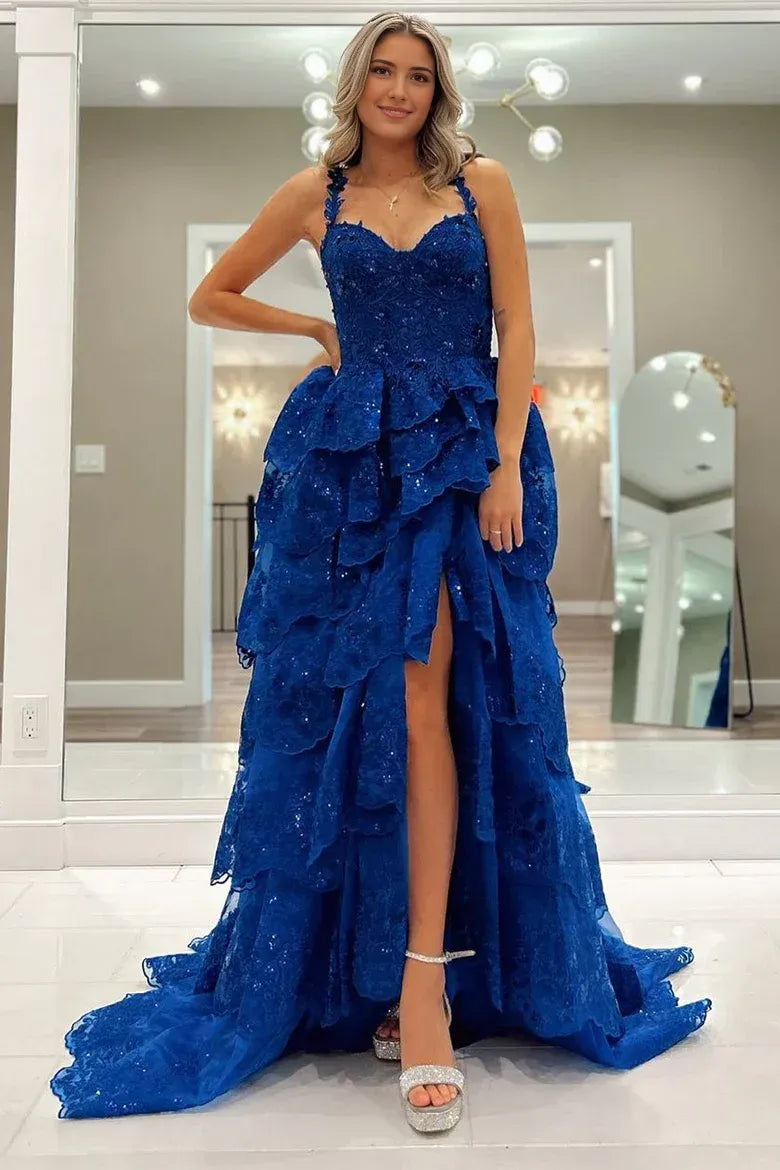 Formal Women's Dresses Royal Blue Tulle Sequin Ruffle Tiered Long Prom Dress Prom Clothing