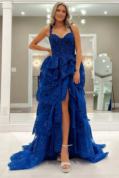 Formal Women's Dresses Royal Blue Tulle Sequin Ruffle Tiered Long Prom Dress Prom Clothing