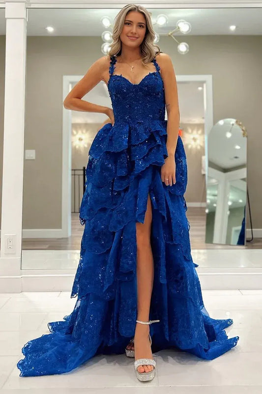 Formal Women's Dresses Royal Blue Tulle Sequin Ruffle Tiered Long Prom Dress Prom Clothing