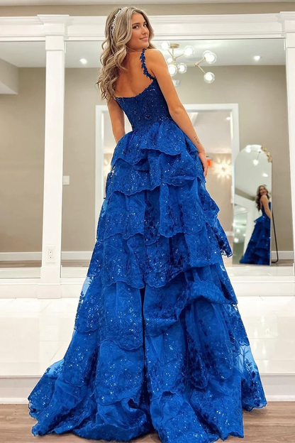 Formal Women's Dresses Royal Blue Tulle Sequin Ruffle Tiered Long Prom Dress Prom Clothing
