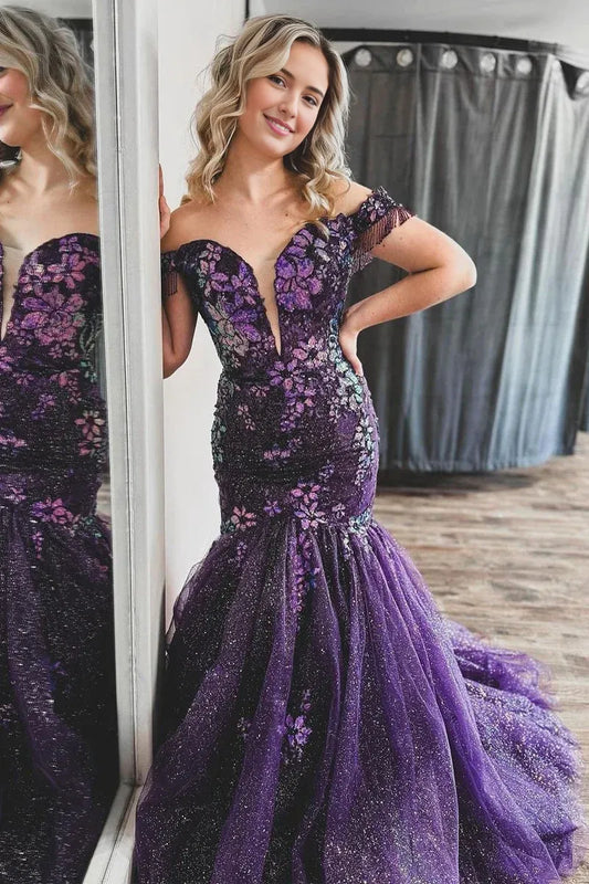 Formal Women's Dresses Purple Off the Shoulder Sequined Appliques Mermaid Long Prom Dress Prom Dress Stores