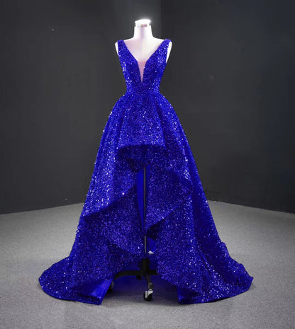 Sequins Asymmetrical Evening Dresses Sleeveless Deep V Neck With Train