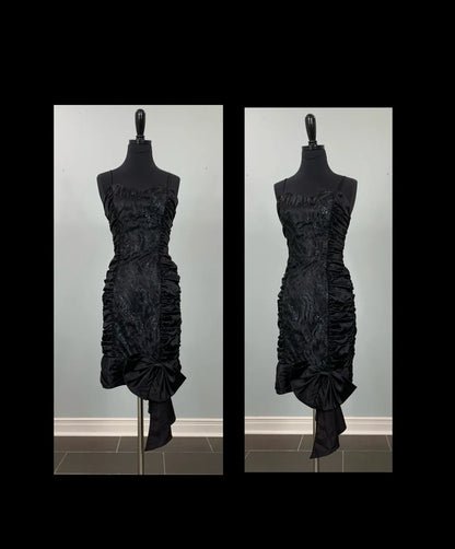 Sequins Black Spaghetti Strap Fitted Ruched Prom Dress Formal Black Lace Sleeveless Cocktail Dress