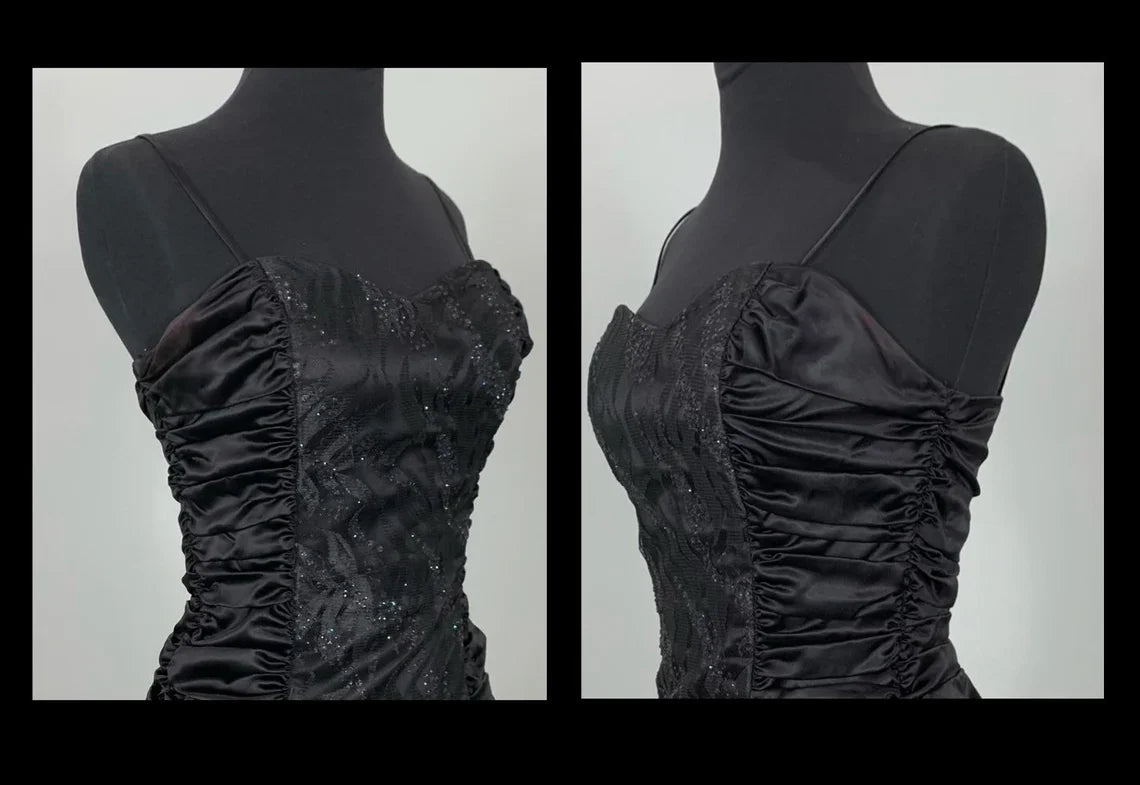 Sequins Black Spaghetti Strap Fitted Ruched Prom Dress Formal Black Lace Sleeveless Cocktail Dress