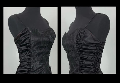 Sequins Black Spaghetti Strap Fitted Ruched Prom Dress Formal Black Lace Sleeveless Cocktail Dress