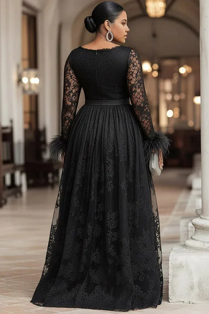 Sexy A-Line Boat Neck Long Sleeve Split Lace Plus Size Floor Length Prom Dress