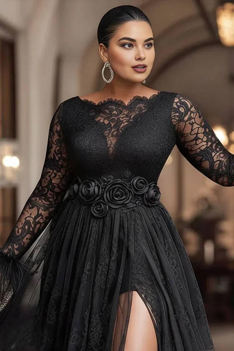 Sexy A-Line Boat Neck Long Sleeve Split Lace Plus Size Floor Length Prom Dress