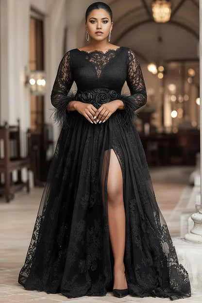Sexy A-Line Boat Neck Long Sleeve Split Lace Plus Size Floor Length Prom Dress