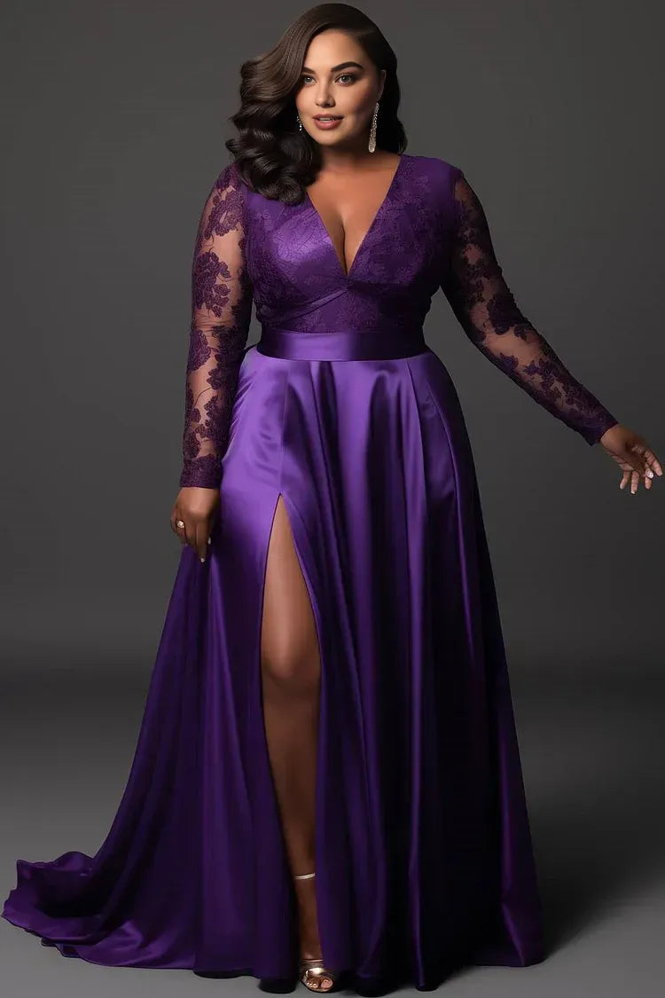 Sexy A-Line V Neck Long Sleeve Split Satin Plus Size Floor Length Prom Dress