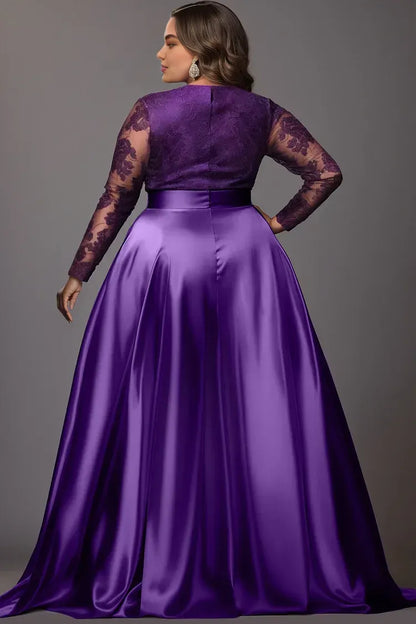 Sexy A-Line V Neck Long Sleeve Split Satin Plus Size Floor Length Prom Dress