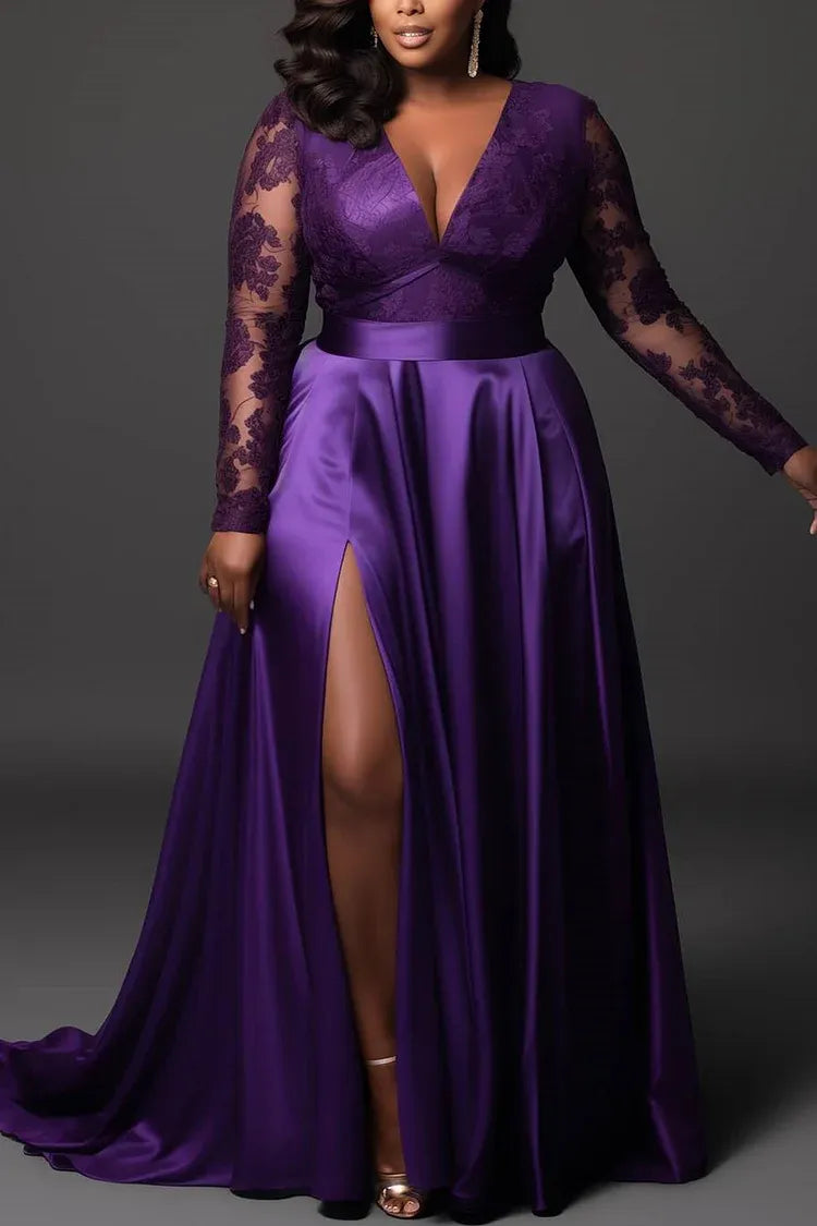 Sexy A-Line V Neck Long Sleeve Split Satin Plus Size Floor Length Prom Dress