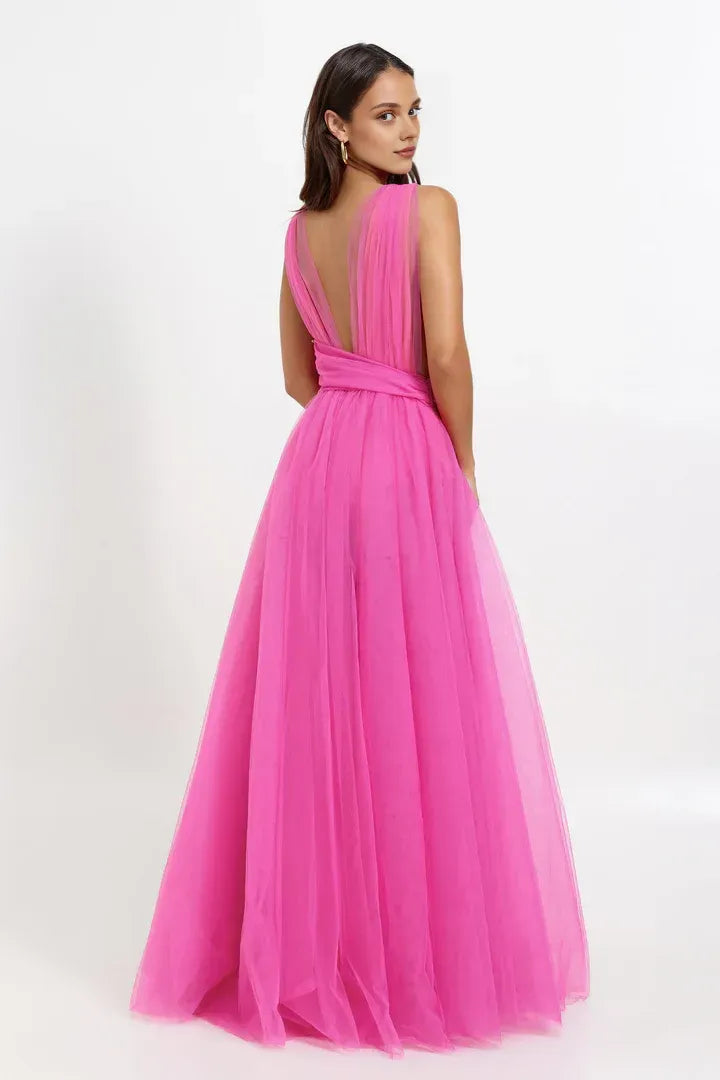 Sexy A-Line V Neck Sleeveless Tulle Floor-Length Prom Dress