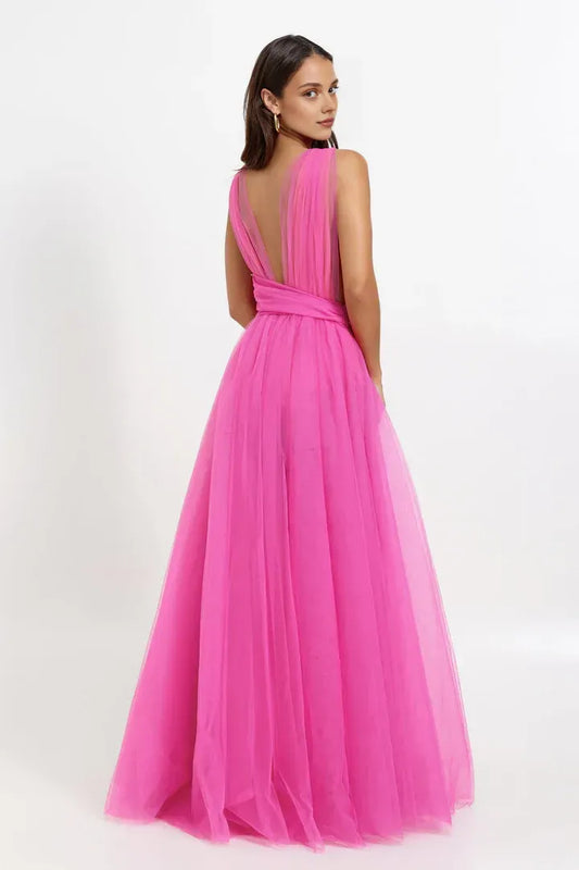 Sexy A-Line V Neck Sleeveless Tulle Floor-Length Prom Dress