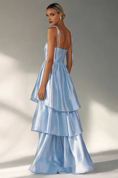 Sexy A Line Spaghetti Straps Sleeveless Tiered Satin Floor-Length Prom Dress