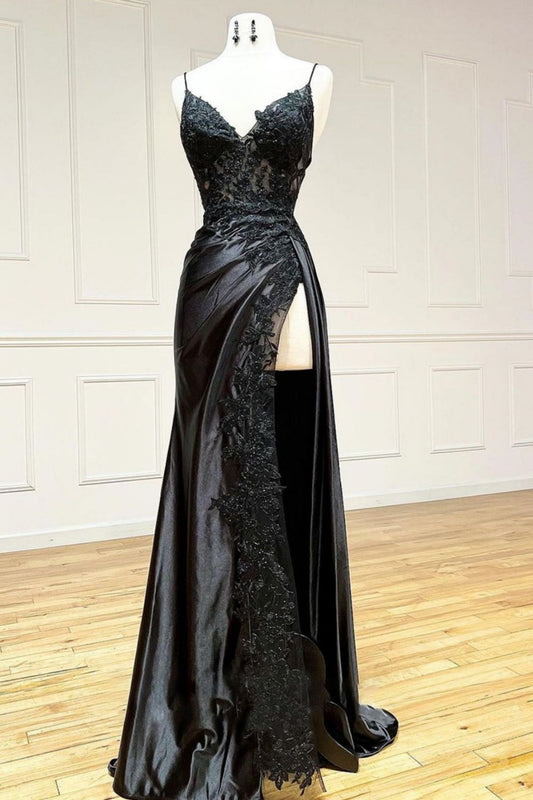 Sexy Black Mermaid Spaghetti Straps Lace Up Back Long Prom Dress With High Slit