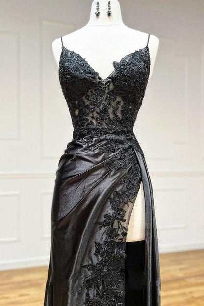 Sexy Black Mermaid Spaghetti Straps Lace Up Back Long Prom Dress With High Slit