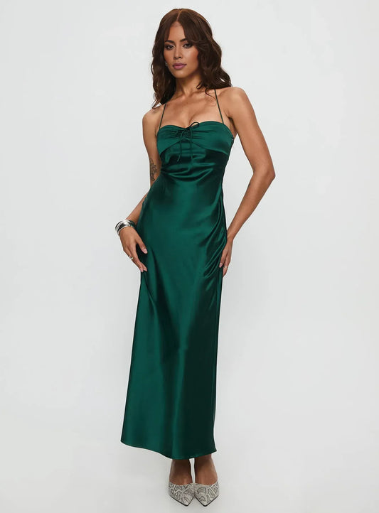 Sexy Bodycon Halter Sleeveless Satin Floor-Length Prom Dress