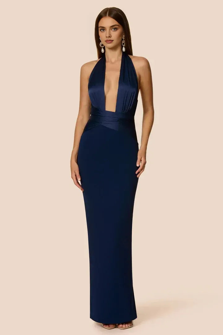 Sexy Bodycon Halter V Neck Sleeveless Backless Floor-Length Prom Dress
