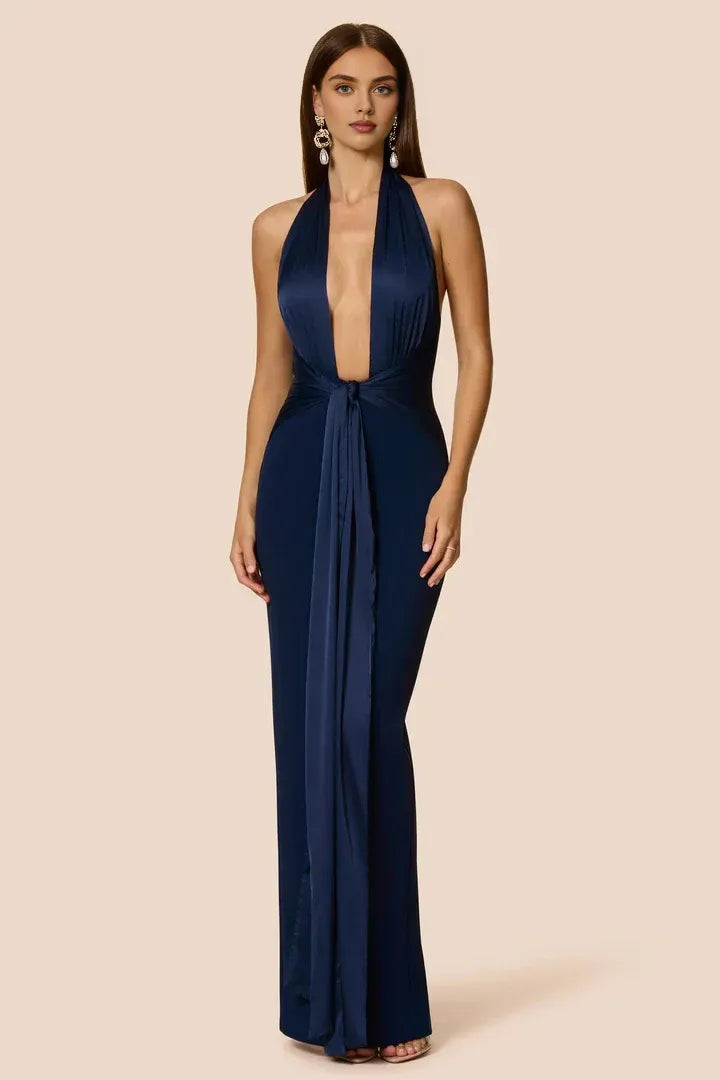 Sexy Bodycon Halter V Neck Sleeveless Backless Floor-Length Prom Dress