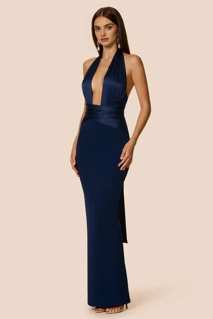 Sexy Bodycon Halter V Neck Sleeveless Backless Floor-Length Prom Dress