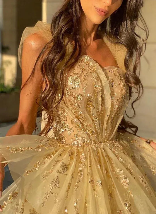 Sexy Deep V Neck Sleeveless A-Line Sequins Tulle Long Prom Dress