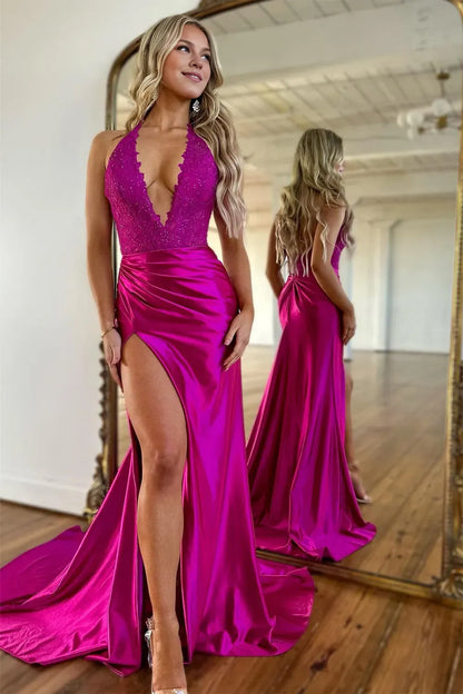 Sexy Halter Floor Length Deep V-Neck Mermaid Long Satin Prom Dress With Slit
