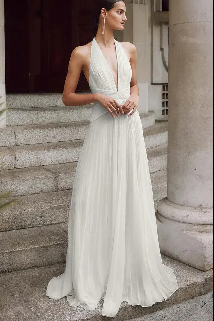 Sexy Halter V-Neck Sleeveless A-Line Chiffon Pleated Long Wedding Dress