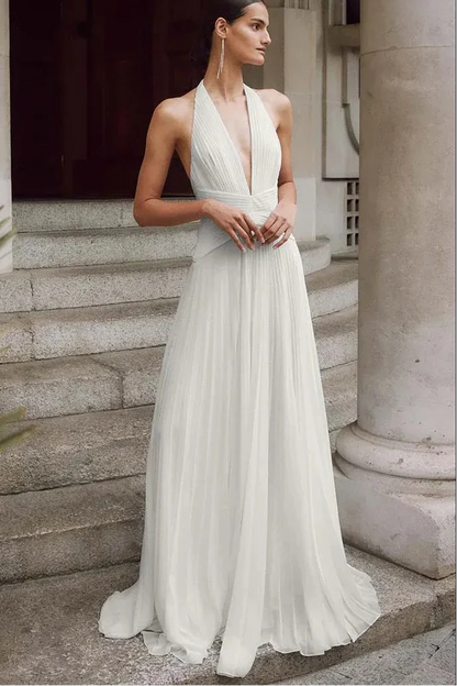 Sexy Halter V-Neck Sleeveless A-Line Chiffon Pleated Long Wedding Dress