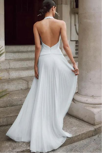 Sexy Halter V-Neck Sleeveless A-Line Chiffon Pleated Long Wedding Dress