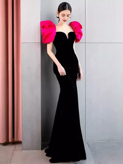 Sexy Mermaid Floor Length Backless Black Velvet Prom Dresses