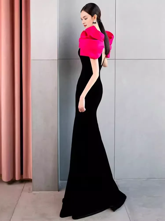 Sexy Mermaid Floor Length Backless Black Velvet Prom Dresses